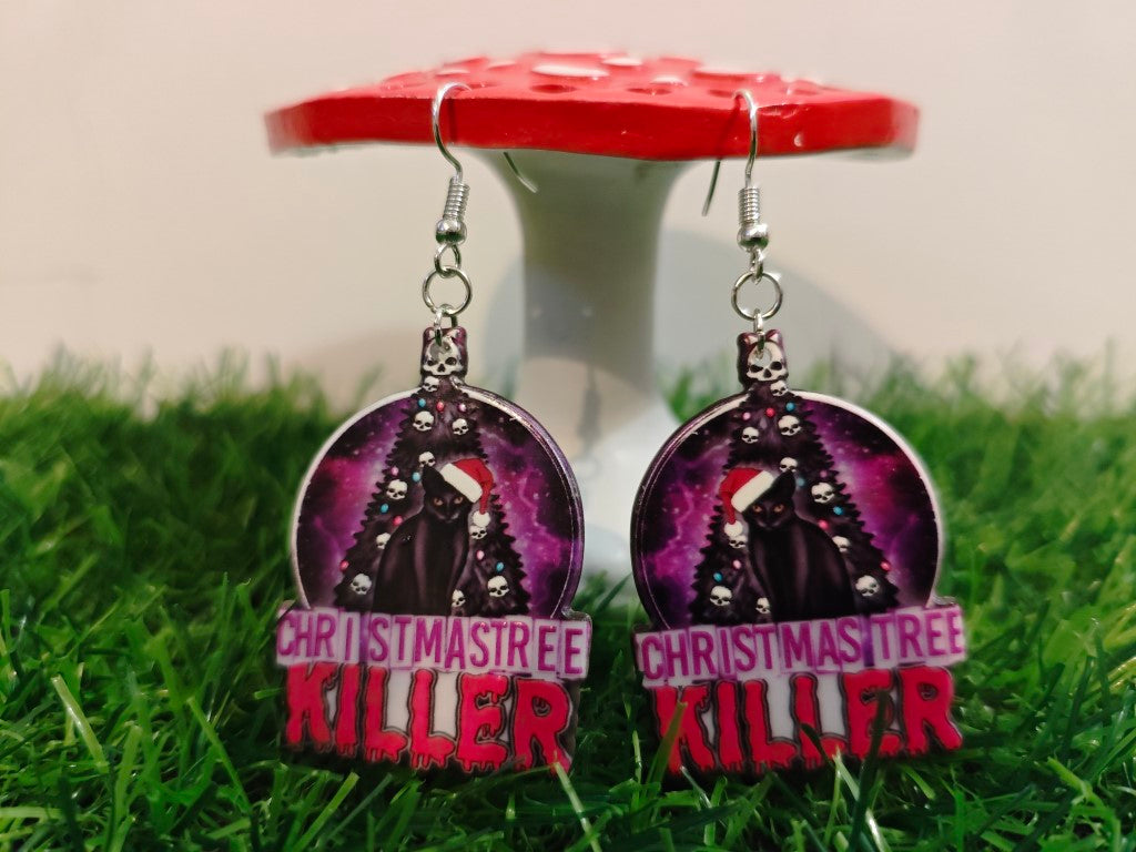 Cat Christmas Tree Killer Earrings