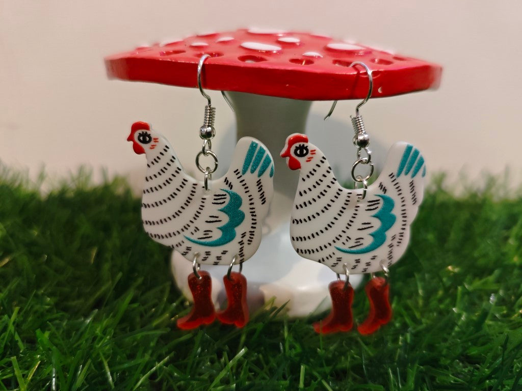 Chickens In Red Dangly Boots Earrings