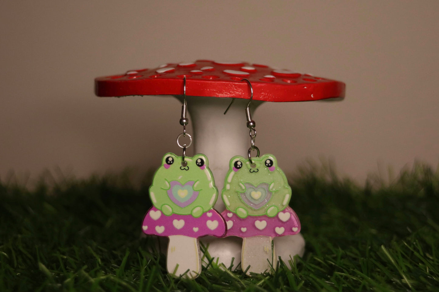 Frog Sitting On Mushroom Earrings