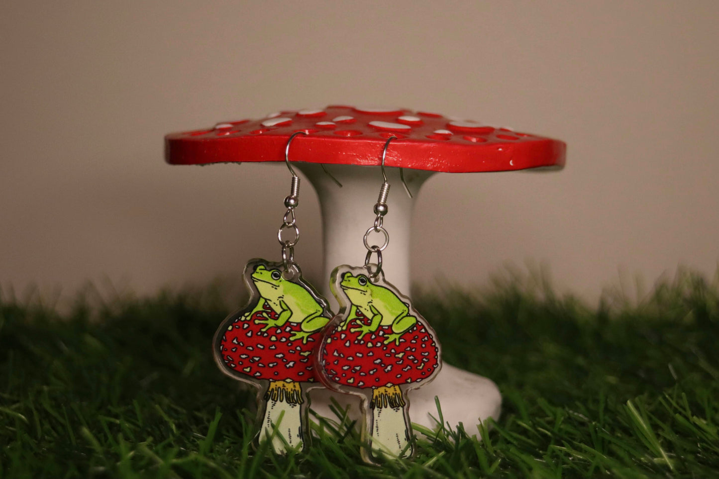 Frog Sitting On Toadstool Earrings