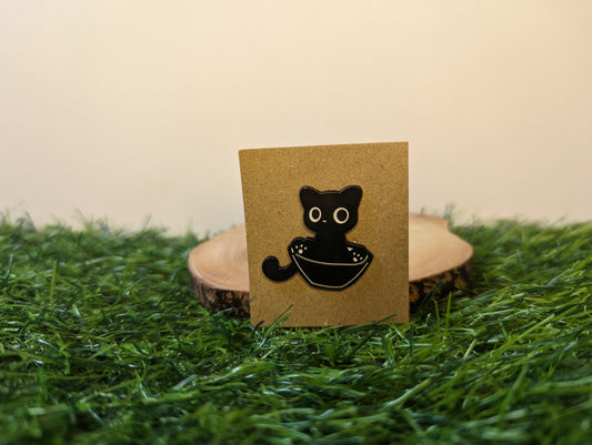 Black Cat Sitting In A Bowl Pin
