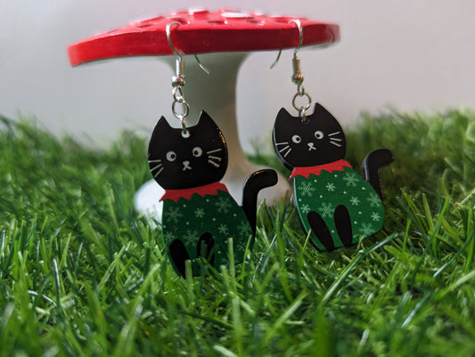 Cat Wearing Christmas Jumper Earrings