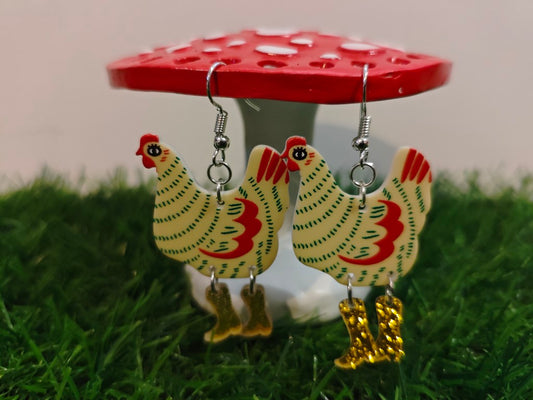 Chickens In Golden Dangly Boots Earrings