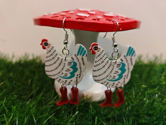 Chickens In Red Dangly Boots Earrings
