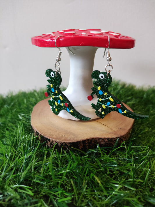 Christmas Tree-Rex Dinosaur Earrings