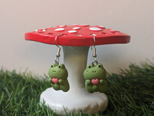 Frog Holding A Heart Earrings