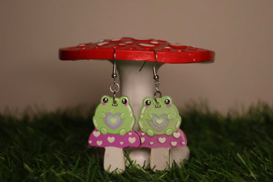 Frog Sitting On Mushroom Earrings