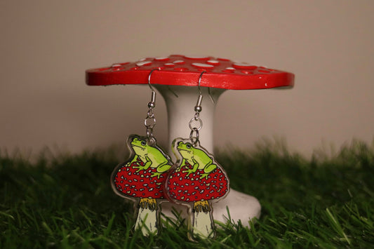 Frog Sitting On Toadstool Earrings