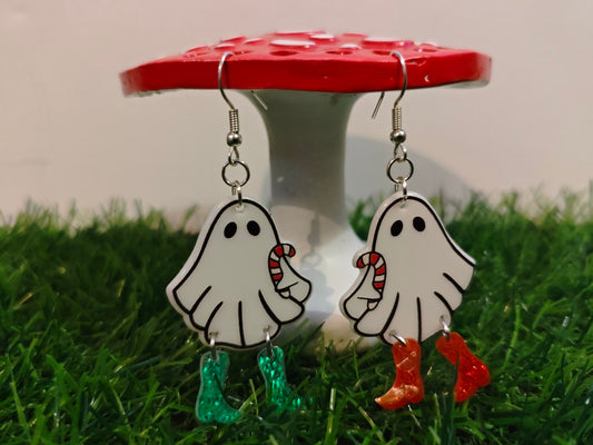 Ghosts With Candy Canes & Dangly Boots Earrings