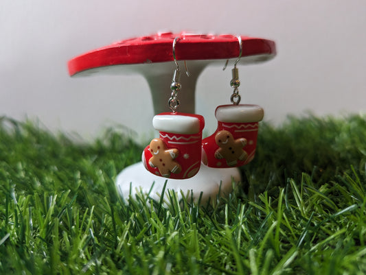 Gingerbread Man Christmas Stocking Earrings