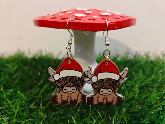 Highland Cow In Santa Hat Earrings