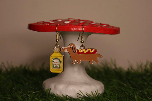 Funky Hot Dog & Mustard Gold Earrings