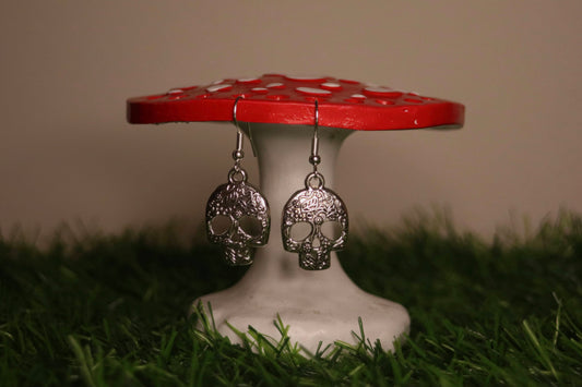 Silver Patterned Skull Earrings