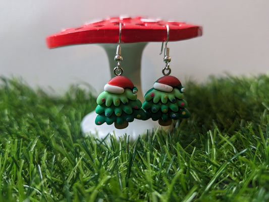 Santa Hat Topped Christmas Tree Earrings