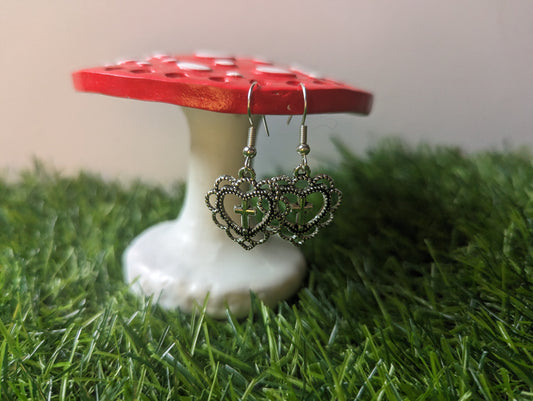 Silver Crosses In Hearts Earrings